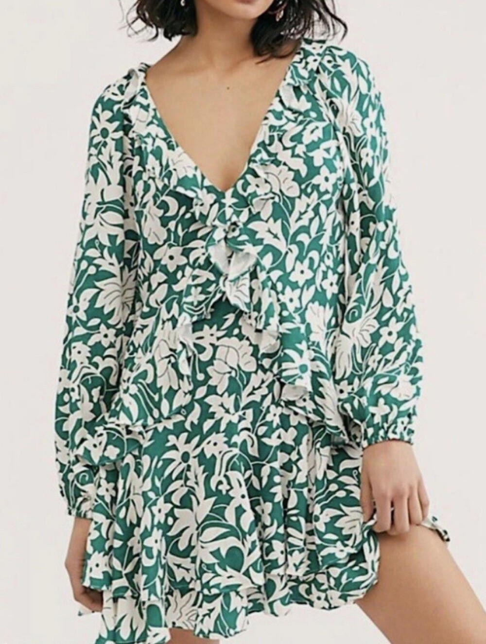 Free People Green & White Floral V-Neck Dress